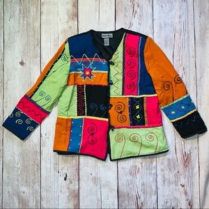 Indigo Moon Y2K Aesthetic Embroidered Patchwork Relaxed Blazer Jacket Small